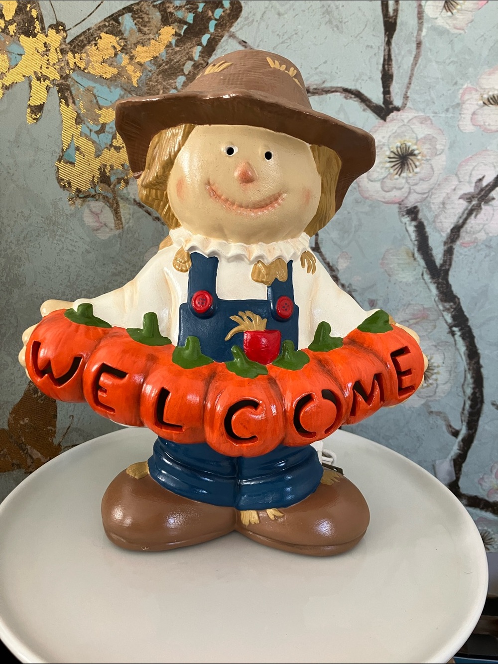 Festive Ceramic Handpainted Scarecrow Welcome Figurine With Light